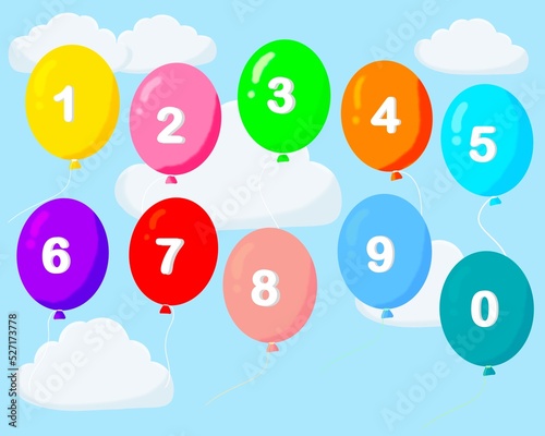 Set of colorful balloons isolated on sky background.teaching materials,day, have number.