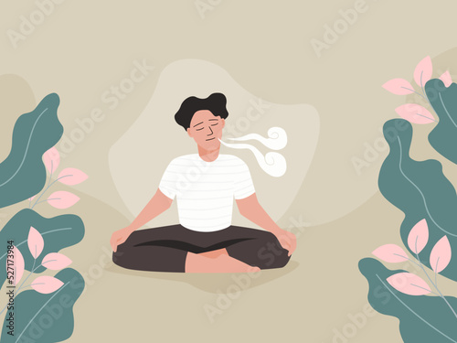 A man makes breathing exercise. boy sits on the floor in pose lotus and makes a exhale. Recovery respiratory system after illness. Health and wellbeing concept.