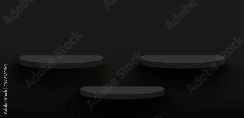 Three black semicircular pedestals, Scenes for product display, advertising, and show on dark wall background. Vector illustration.