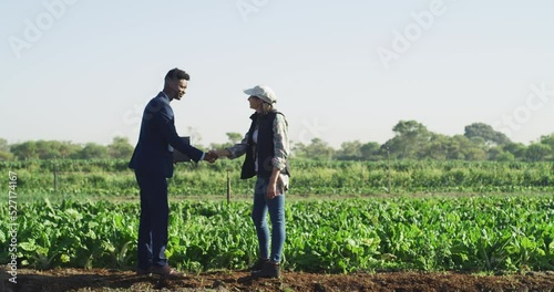 Farm, agriculture and handshake with a woman farmer and business man meeting in the farming industry. Sustainability, nature and thank you with people working in collaboration as a team outside
