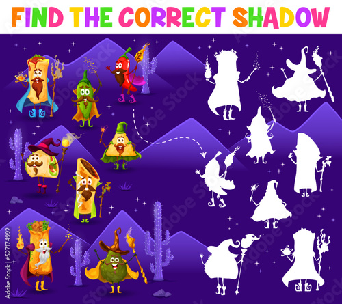 Find the correct shadow of cartoon tex mex mexican food wizard characters. Matching game vector worksheet with tacos, chimichanga, enchiladas and burrito, chili and jalapeno, nachos and avocado