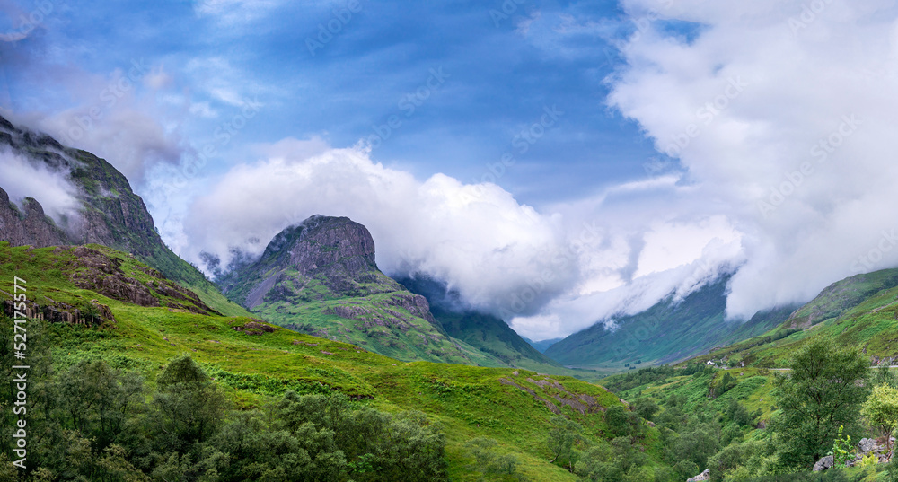 Obraz premium Dramatic low clouds along Glencoe valley,Scottish Highlands,Scotland,UK.