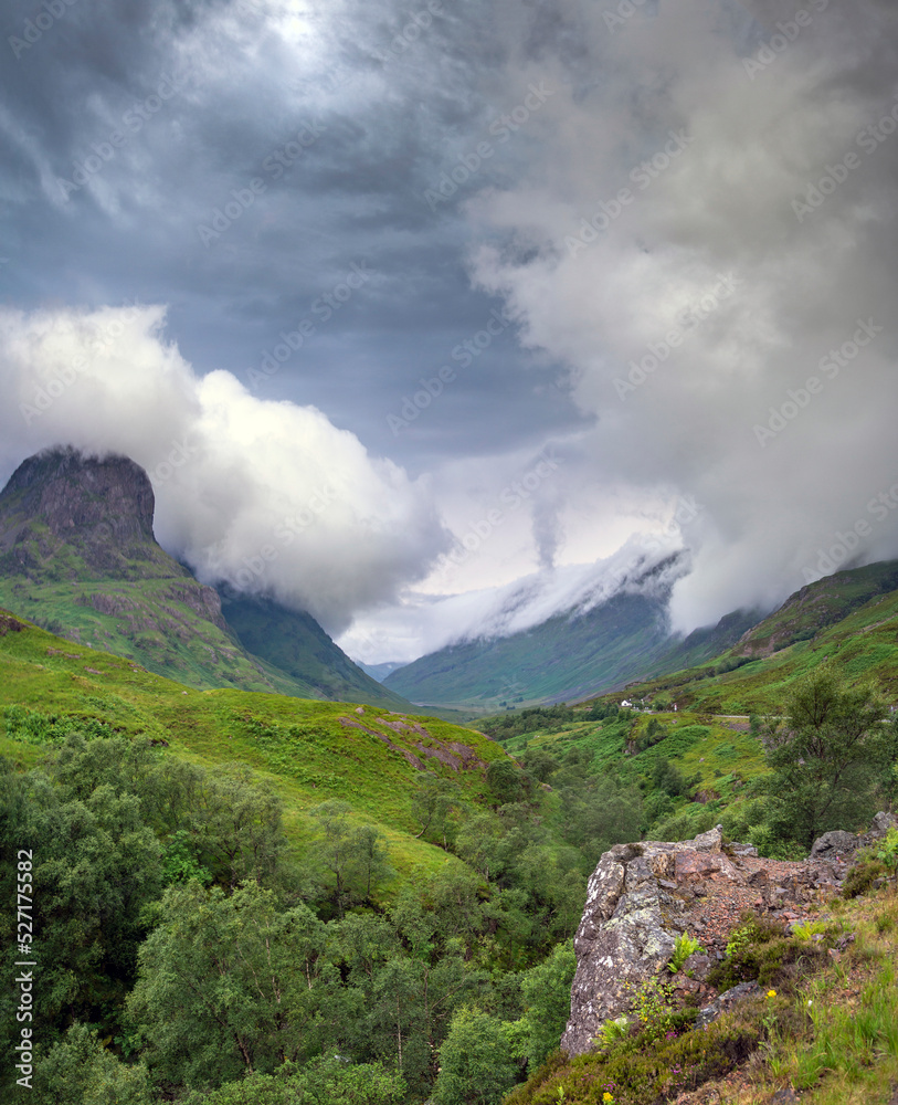 Dramatic low clouds along Glencoe valley,Scottish Highlands,Scotland,UK.