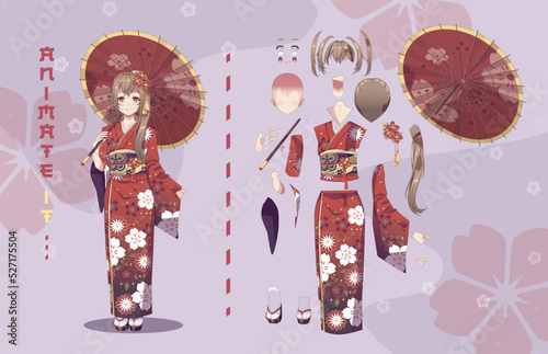 Tela Anime girl in kimono with umbrella characters for animation
