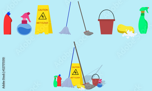 cleaning tool set vector graphic illustration, mop stick, bucket, soap, perfume, broomstick, cleaning service needs, fat illustration. web ba