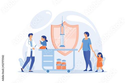 Pediatrician giving girl injection. Vaccination of preteens and teens, older children immunization, prevent your kids from diseases concept. flat vector modern illustration