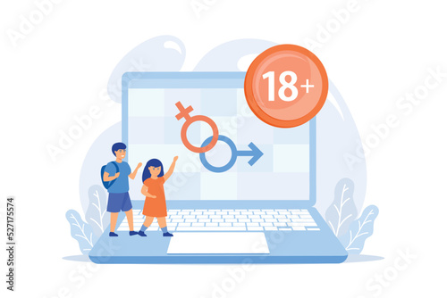 Children at laptop with adult content restriction for inappropriate video. Adult content, content notification, 18 age restriction concept. flat vector modern illustration
