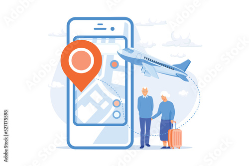 Retired people travel. Pensioners vacation, elderly couple trip, old age active lifestyle. Senile spouses planning journey route, choosing destination. flat vector modern illustration