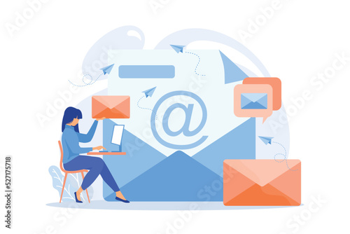 Email service, online correspondence, internet communication. Electronic mail box, message bunch, incoming letters. Female addressee cartoon character. flat vector modern illustration photo