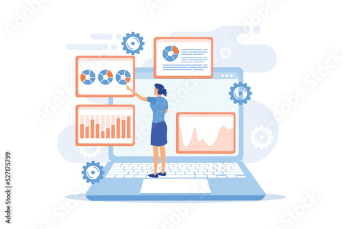 Social media data center. SMM stats, digital marketing research, market trends analysis. Female expert studying online survey results. flat vector modern illustration