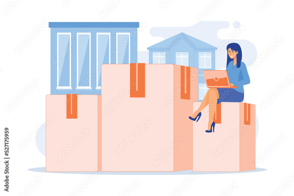 Relocation services. Apartment rent, accommodation leasing, real estate agency website design element. Woman with laptop sitting on cardboard boxes. flat vector modern illustration