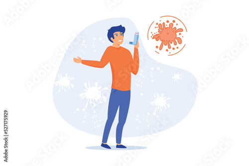 Respiratory disease, asthma treatment. Medical virus, flu bacteria, infection protection idea design element. Asthmatic using inhalant spray. flat vector modern illustration