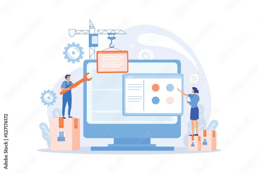 It professionals are creating web site on the laptop screen. Website development or web application, coding, designing for web browsers concept. flat vector modern illustration