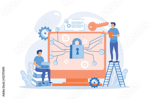 Personal digital security. Defence, protection from hackers, scammers. Data breaches, data leakage prevention, encryption for databases concept. flat vector modern illustration