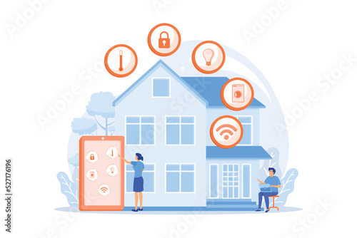 Business people controlling smart house devices with tablet and laptop. Smart home devices, home automation system, domotics market concept. flat vector modern illustration