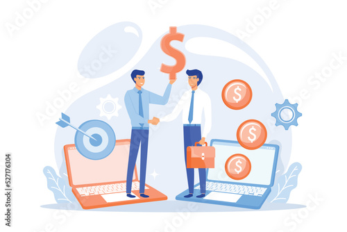B2B sales person selling products and services to buyer in laptop. Business-to-business sales, B2B sales method, wholesale business trend concept. flat vector modern illustration