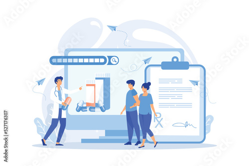 Tiny people, doctor prescribing medicine to patients online. Online prescription system, prescription management system, online pharmacy concept.