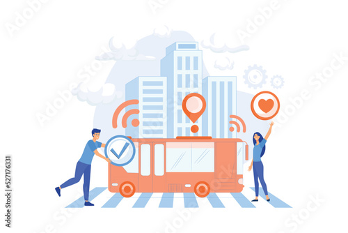 Passengers like and approve autonomos robotic driverless bus. Autonomous public transport, self-driving bus, urban transport services concept.