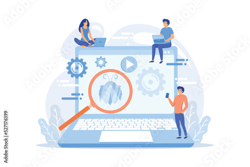 Tiny business people with digital devices testing demo software. Beta testing, new product testing, presale user experience concept.