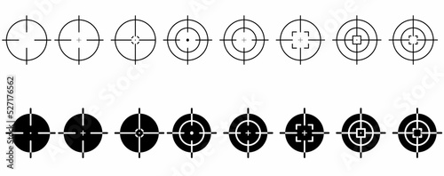 Aim or target icon isolated on white background. Illustration of weapon sign of sniper or sharpshooter. Aiming bullseye. Optical game weapon. Aim sight for hunting flat design style