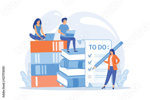 People feel in check boxes in to do list. Project task management it concept. Software development process and project management activities. Pinkish coral blue palette.