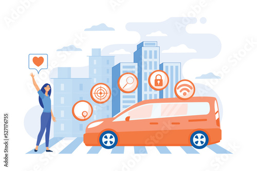 Businesswoman with heart likes using autonomos car with technology icons. Autonomous car, self-driving car, driverless robotic vehicle concept. flat vector modern illustration