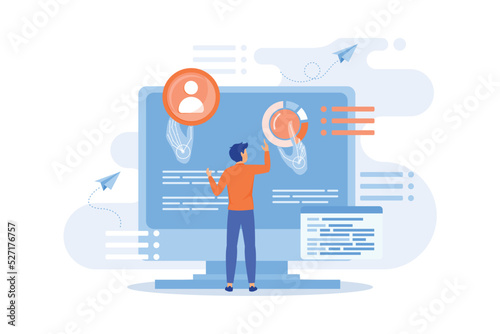 Businessman and computer recognising and interpreting human gesures as commands. Gesture recognition, gestures commands, hands-free control concept. flat vector modern illustration