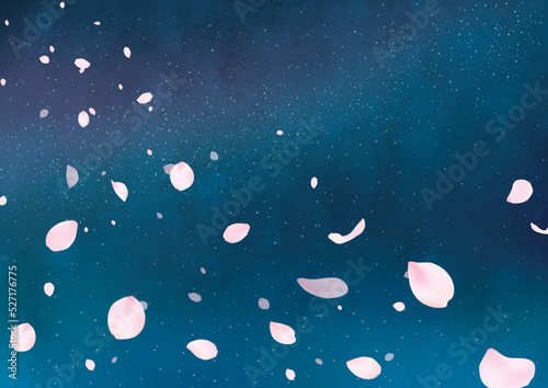 夜桜の花吹雪背景水彩