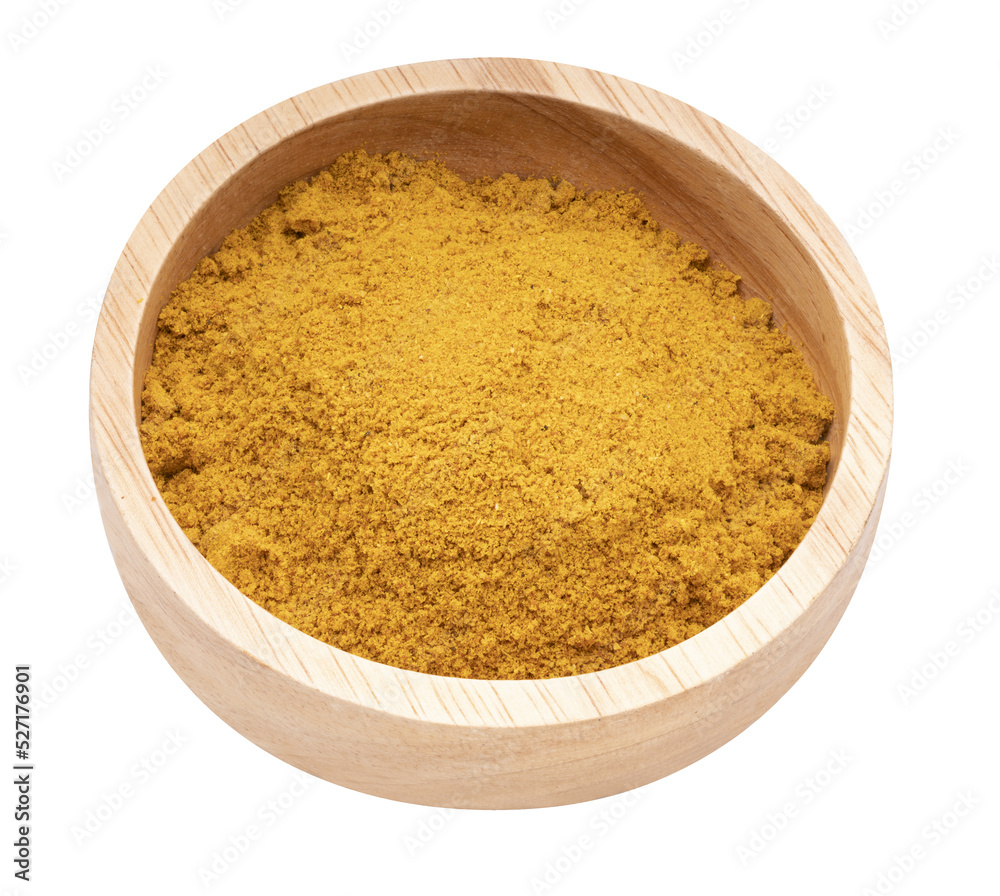 Turmeric Powder in a wooden Bowl on white background, Curry Powder isolated on white background PNG file. Turmeric Powder in a wooden Bowl on white background, Curry Powder isolated on white background PNG file.