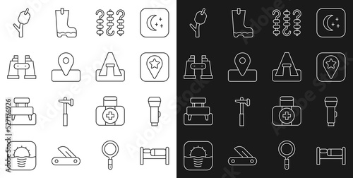 Set line Bed, Flashlight, Location for camping, Grilled shish kebab skewer, Binoculars, Marshmallow stick and Tourist tent icon. Vector