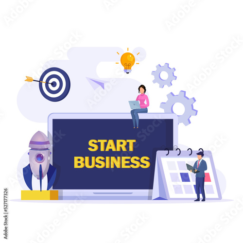 Start business concept. Flat design new business project start up development and launch a new innovation product on a market.