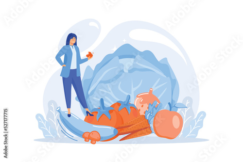 A white woman among fruits, vegetables and mushrooms as a concept of raw veganism, raw foodism, fruitarianism, juicearianism and sproutarianism. flat vector modern illistration