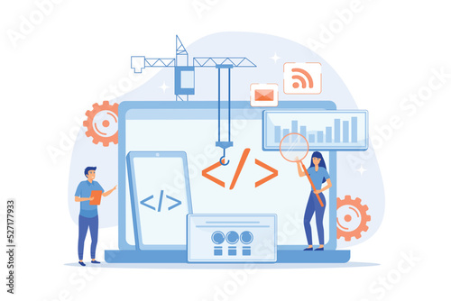 Engineer and developer with laptop and tablet code. Cross-platform development, cross-platform operating systems and software environments concept. flat vector modern illustration