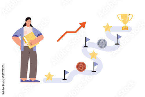 Woman with route map to achieve success and goal, vector illustration isolated.