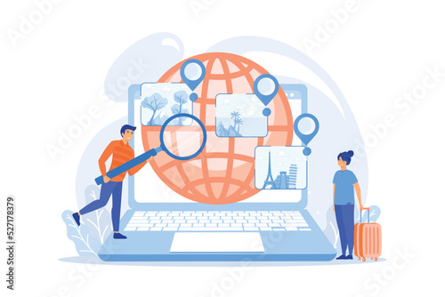 Trip planning, holiday vacation organization. Smart tourism system, travel recommender systems, digital future of travel experience concept. flat vector modern illustration