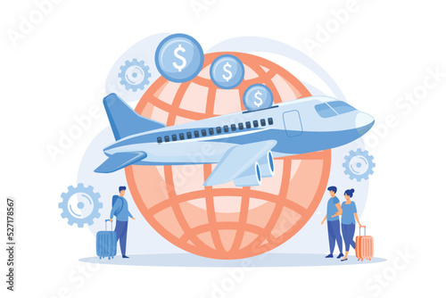 Cheap tickets for air transportation. Cost-efficient last minute flight offers. Economy class airlines for tourists, travelers with limited budget. flat vector modern illustration