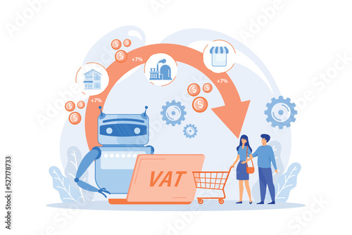 Artificial intelligence, ai calculating taxation multiplier. Value added tax system, VAT number validation, global taxation control concept. flat vector modern illustration