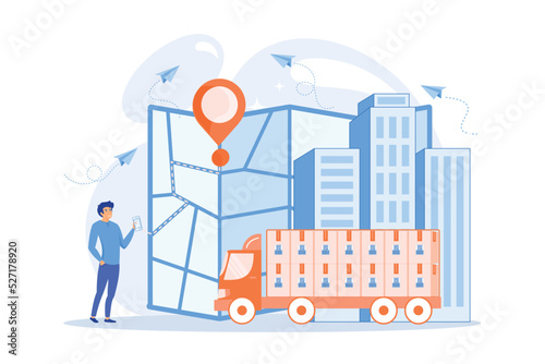 GPS tracker on postal agent truck. Watching delivery in real time. Post service tracking, parcel monitor, track and trace your shipment concept. flat vector modern illustration