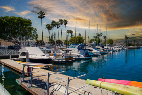 a gorgeous summer landscape in the marina with boats and yachts docked in Alamitos Bay Marina surrounded by lush green palm trees and powerful clouds at sunset in Long Beach California USA photo
