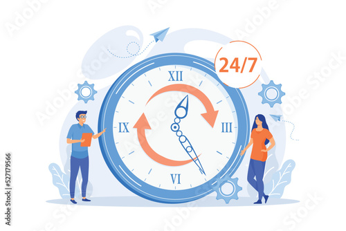 Businessman and woman near huge clock with round arrows working 24 7. 24 7 service, business time schedule, extended working hours concept. flat vector modern illustration
