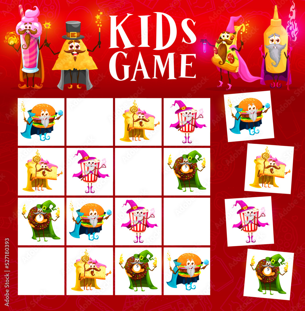 Fototapeta premium Sudoku game of cartoon fast food mage and wizard characters with magic wands. Kids puzzle vector worksheet of logic block game with funny personages of burger, pizza, donut, popcorn and pie magicians