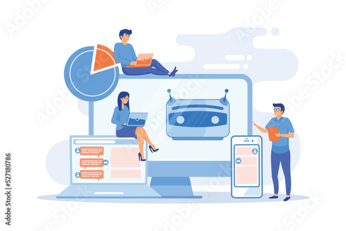 Developers building, testing and deploying chatbots on platforms. Chatbot platform, virtual assistant development, cross-platform chatbot concept. flat vector modern illustration