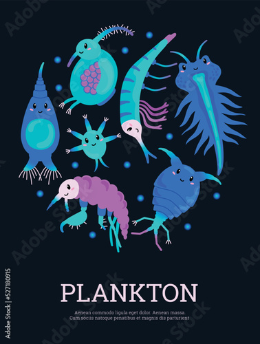 Cute plankton microorganisms, poster template with text, cartoon flat vector illustration.