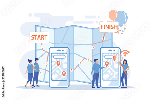 Smartphone digital map, GPS navigation mobile application. Interactive city quest, urban games organization, turistic adventure quest concept. flat vector modern illustration