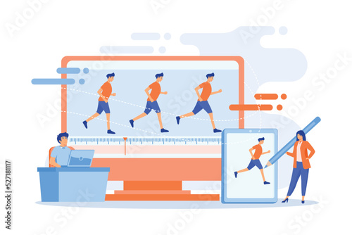 Animator working on character movement. Designing frames of walking. Computer animation, cartoon video creation, make your story alive concept. flat vector modern illustration
