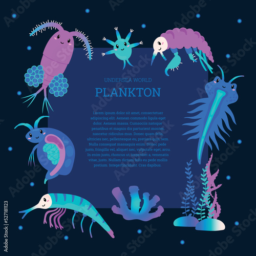 Undersea world plankton banner with frame and copy space for text, cartoon flat vector illustration.