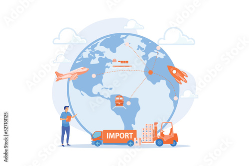 Company specializing in foreign products. Import of goods and services, import goods services, international sales process concept. flat vector modern illustration