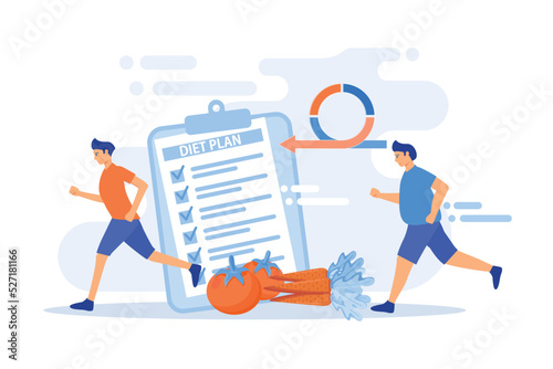 Businessman running and losing weight with diet plan and healthy food, tiny people. Weight loss diet, low-carb diet, healthy meal food concept. flat vector modern illustration