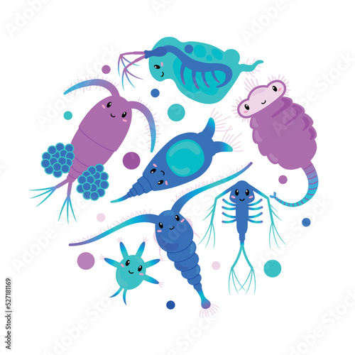 Set of cute zooplanktons, cartoon flat vector illustration isolated on white background.