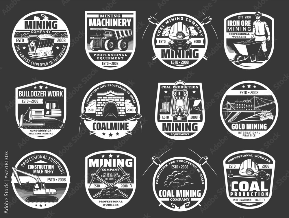 Coal mining industry isolated vector icons set. Mine machinery and miner equipment tools. Metal ore, coal, excavator or digger and bulldozer, jackhammer and pickaxe, man in hardhat with wheelbarrow